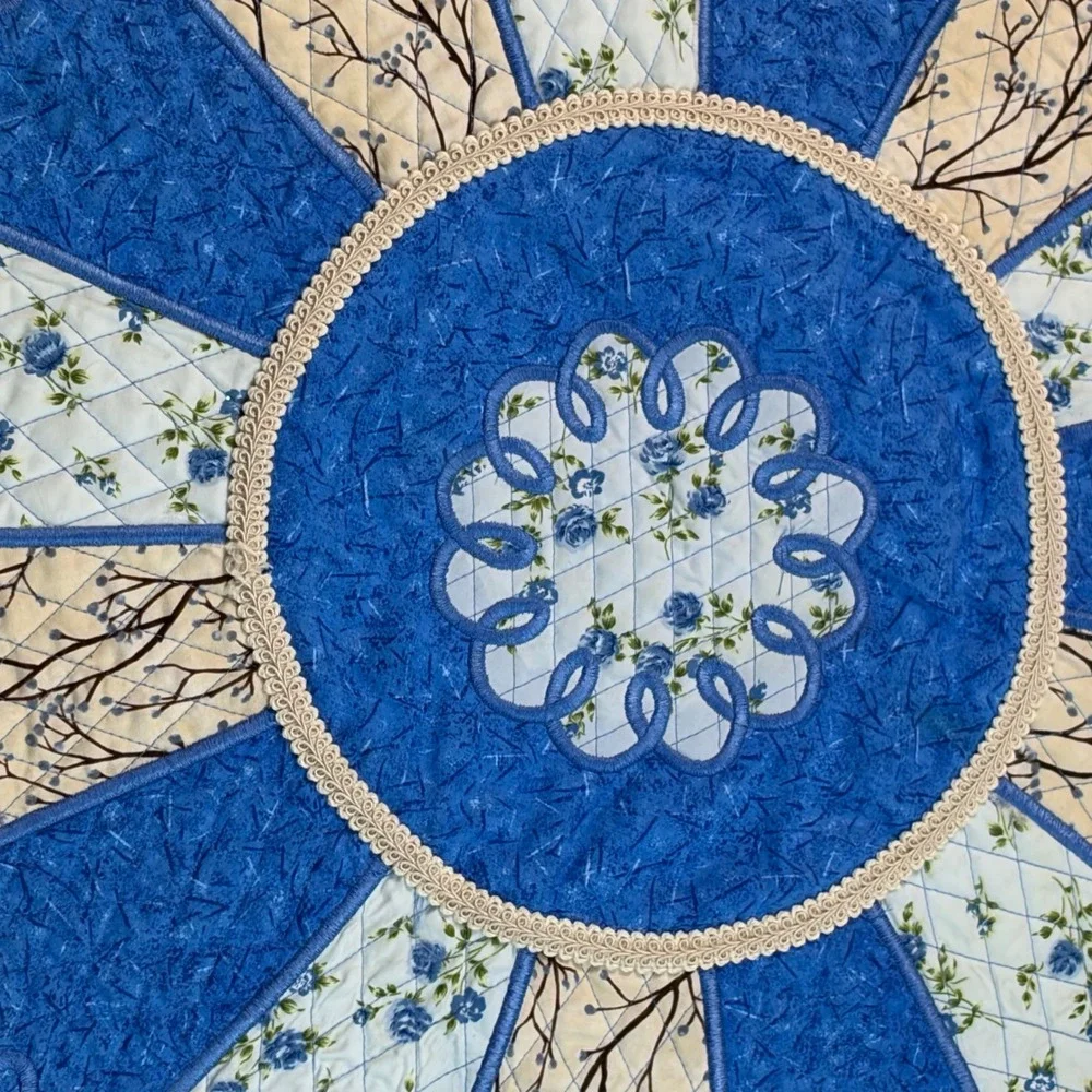 Handmade Reversible Quilted Round Table Topper Birds Butterflies Floral 25